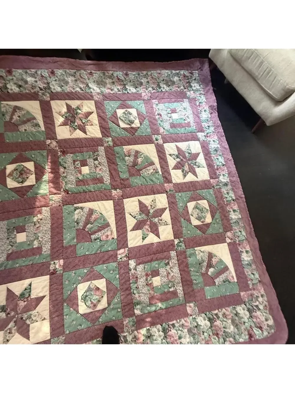 HUGE Vintage quilt star fan motif green, purple, and cream #cottagecore #grandma